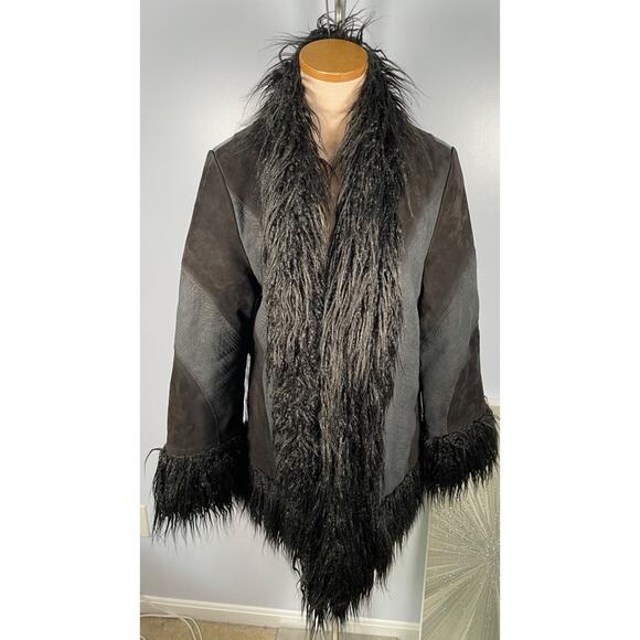 Free People Beatrix Patchwork Fur Hem Black Leather Coat Size XS - Picture 3 of 11